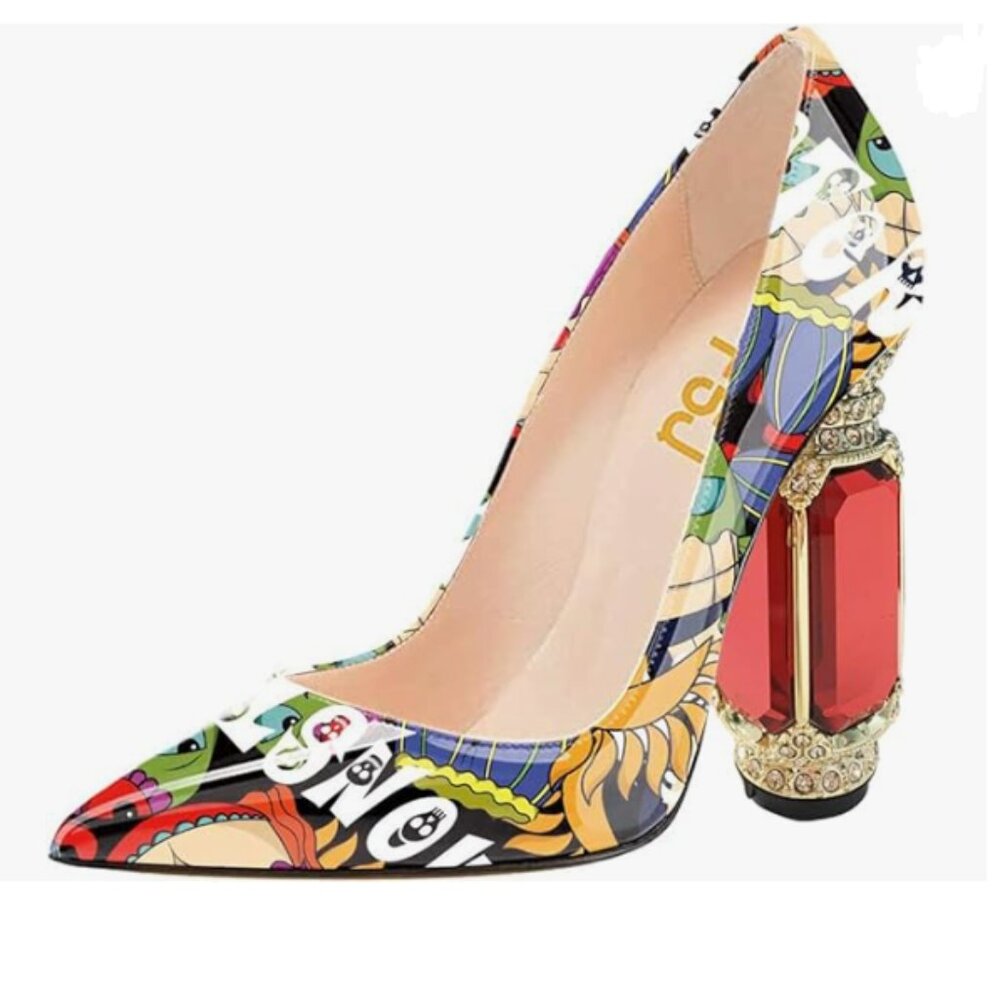 FSJ Cartoon Bridal Pointed Toe Chunky High Heel Crystal Pumps Wedding Dress Shoe